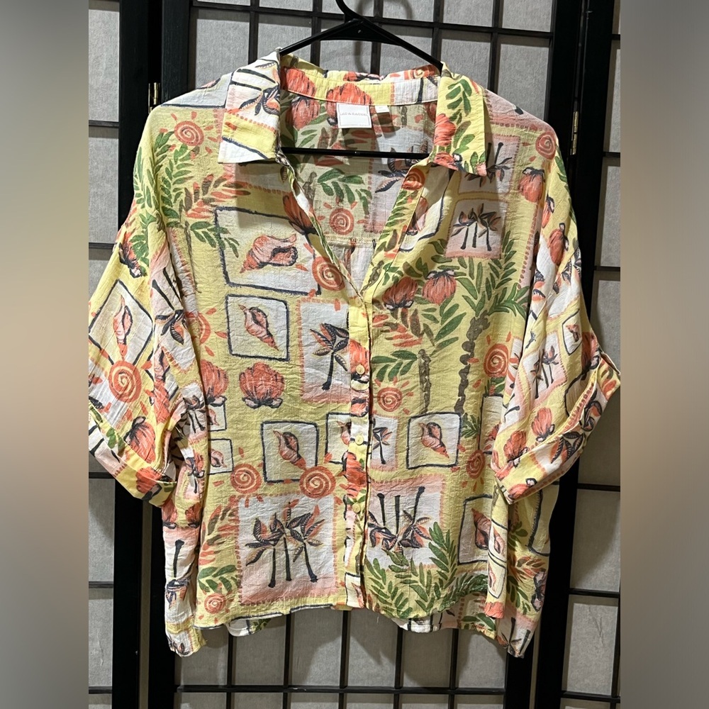 ZAC & RACHEL Tropical Botanical Boxy Button-Up Shirt -Yellow & Coral Print SZ XL